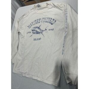 Marthas Vineyard Island Shark Long Sleeve Graphic T-Shirt Cream Mens Medium